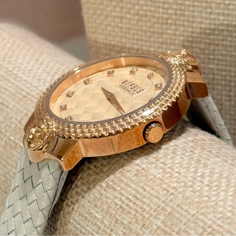 Versus Versace Rose Gold Montorgueil Crystal Index Beige Band Watch, 38mm
